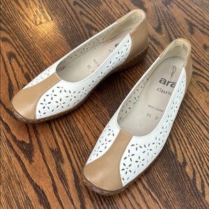 Ara Women’s 6.5 White and Tan Leather Flats with Perforated Design